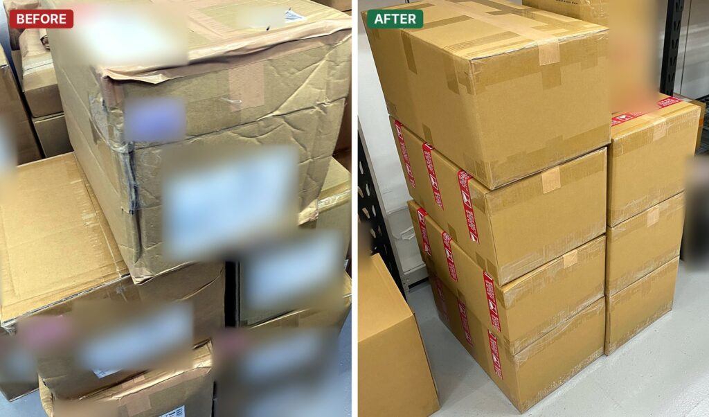 Antes e depois: caixas de lojas de discos amassadas na chegada e os mesmos discos reembalados em caixa dupla nova, uma dentro da outra, com fita adesiva de «Frágil»